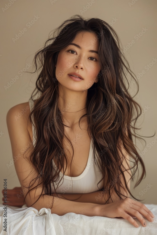 The young Asian beauty's long curly hair with Korean makeup style touches her face and perfect skin against an isolated beige background. Facial care, beauty, plastic surgery. The young Asian beauty's long curly hair with Korean makeup style touches her face and perfect skin against an isolated beige background. Facial care, beauty, plastic surgery.