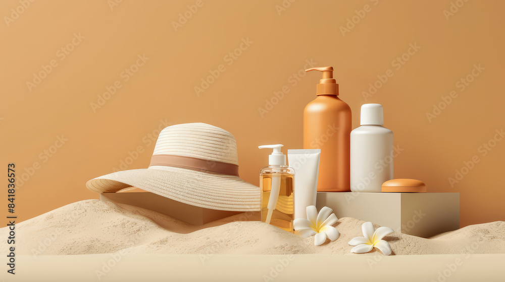 Minimalist Beach Scene with Sun Hat and UV Protection Bottles for Skincare and Summer Themes Minimalist Beach Scene with Sun Hat and UV Protection Bottles for Skincare and Summer Themes