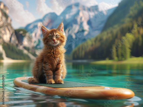 Kitten on Paddle Board in Lake, Generative AI Illustration