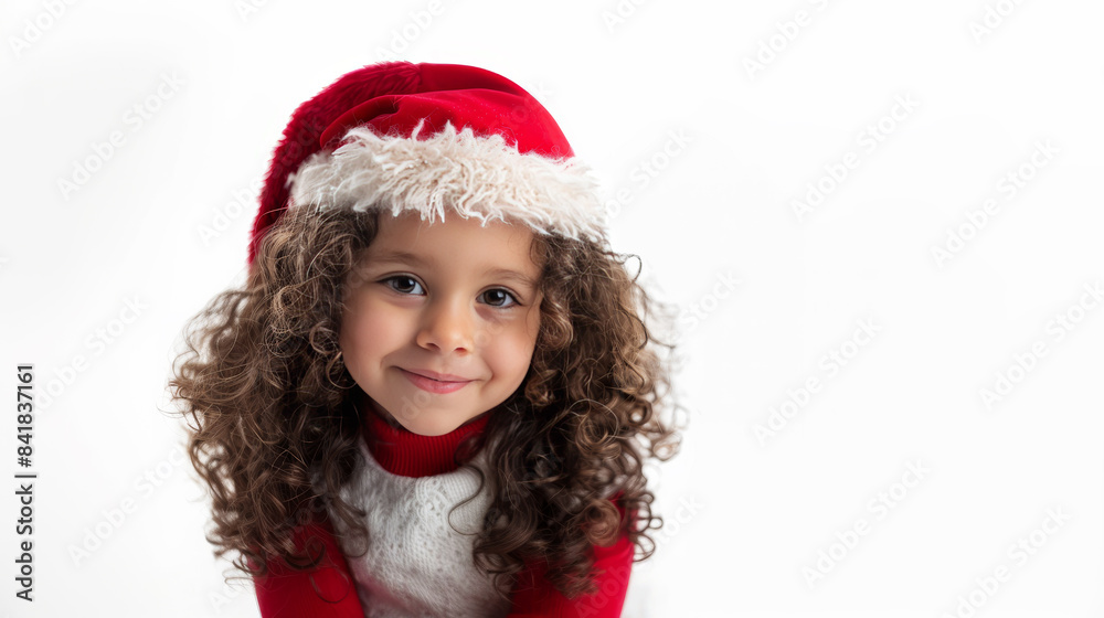 Cute curly-haired girl wearing a Santa hat and smiling against a white background with copy space. Perfect for Christmas cards, festive advertising, and joyful holiday imagery. Cute curly-haired girl wearing a Santa hat and smiling against a white background with copy space. Perfect for Christmas cards, festive advertising, and joyful holiday imagery.
