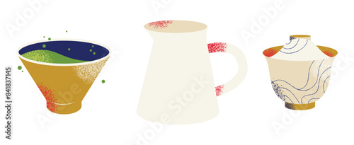 Oriental tea ceremony attributes set. Cups, teapot, table, tray. Green, pu erh, oolong. Japanese and chinese traditions. Flat vector illustration isolated on background