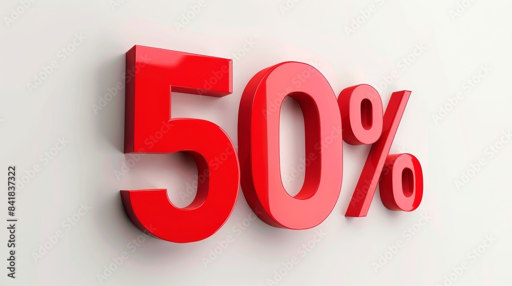 '50% off' promotion sign with 3D effect, bold red letters and black shadow, isolated on a white background, vibrant and attention-grabbing, ideal for marketing '50% off' promotion sign with 3D effect, bold red letters and black shadow, isolated on a white background, vibrant and attention-grabbing, ideal for marketing
