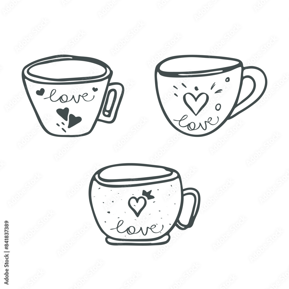Cup love symbol Clip art Set. Doodle icon, hand drawn sketch style, decorative paint brush stroke line, black contour linear isolated elements, retro heart cartoon design. Cute Vector illustration Cup love symbol Clip art Set. Doodle icon, hand drawn sketch style, decorative paint brush stroke line, black contour linear isolated elements, retro heart cartoon design. Cute Vector illustration