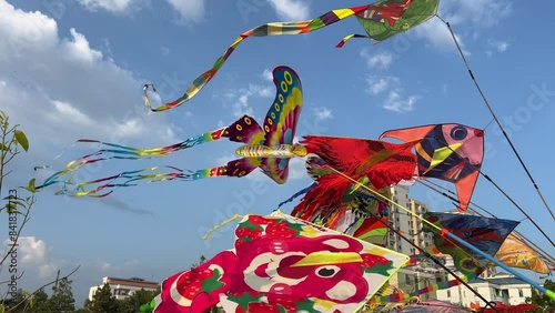 kite Video of many kites flying and a pink butterfly kite on the sky over the beach of Pinarella di Cervia. Kites festival photo