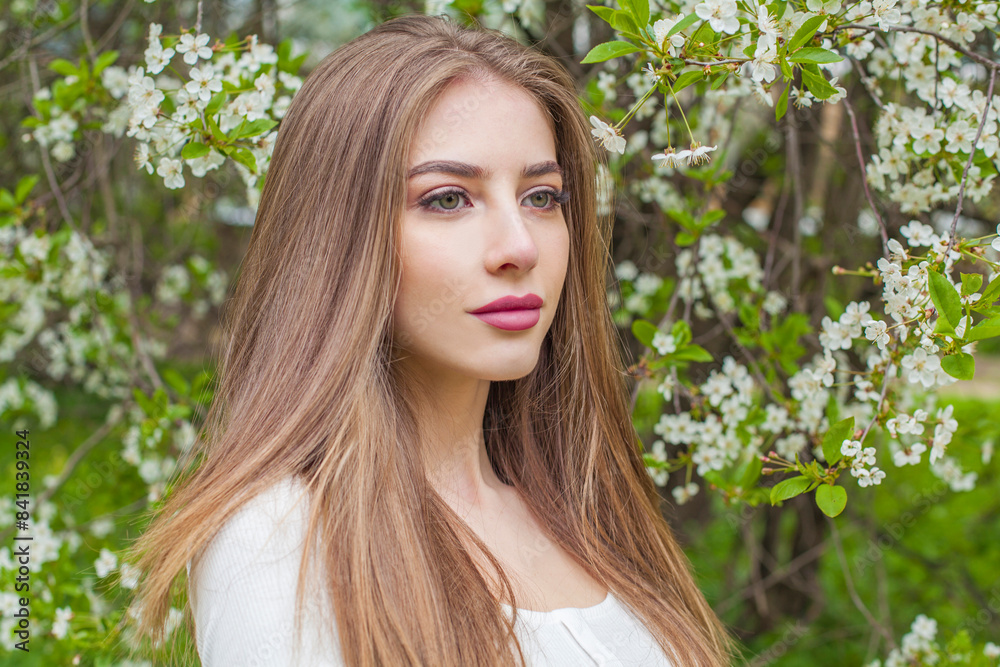 Season portrait of young adult lady outdoors. Healthy woman with fresh clean skin and long brown hair in blossom garden. Travel, vacation, season and holiday concept Season portrait of young adult lady outdoors. Healthy woman with fresh clean skin and long brown hair in blossom garden. Travel, vacation, season and holiday concept