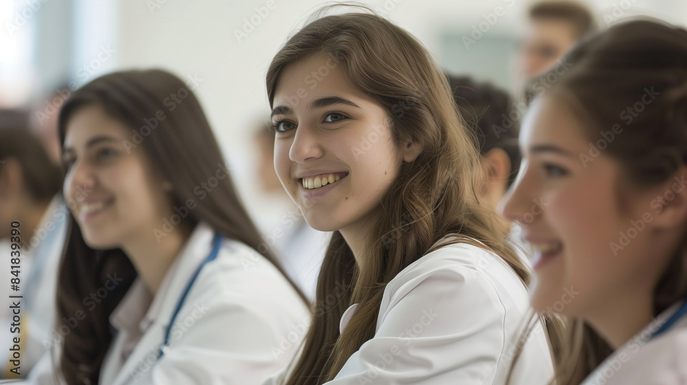 copy space, stockphoto, university students in a medical course. Group of multiracial students following a medical training. Education theme. University students with labcoats. copy space, stockphoto, university students in a medical course. Group of multiracial students following a medical training. Education theme. University students with labcoats.