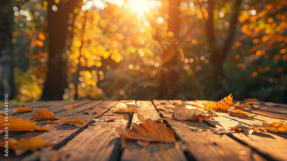 Autumn Leaves on Wooden Table at Sunset, Generative AI