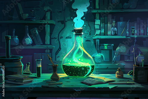 Bottle of poison potion in laboratory room releasing dangerous gas, laboratory bottle, vector, cartoon style, 3d rendering, 2d photo