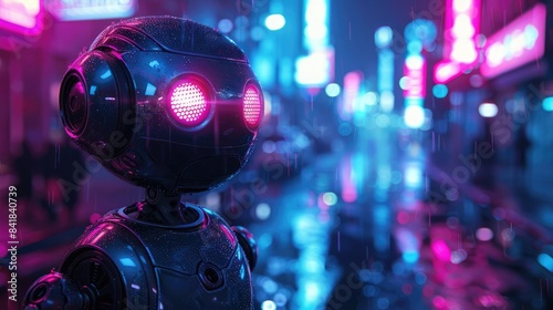 Robot Stands in Rainy Cyberpunk City with Abstract Background