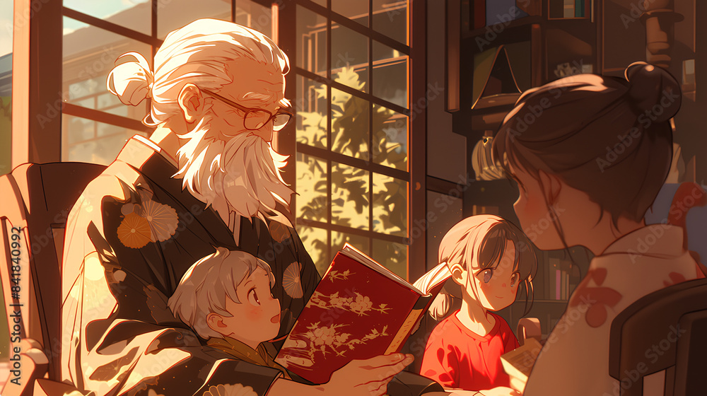 Old grandfather is reading a story to children happily, anime sytle Old grandfather is reading a story to children happily, anime sytle