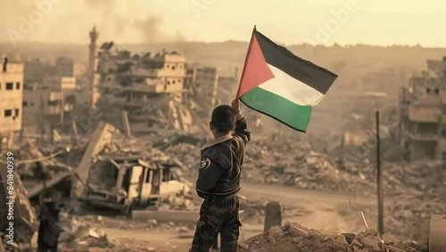 Child Holding Palestinian Flag Amidst Ruins