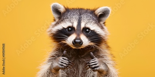 a raccoon standing on yellow background looking at the camera © inspiretta