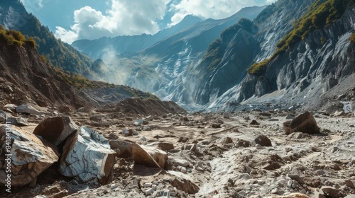 Breathtaking earthquake in a mountainous region, massive landslides and rockfalls photo