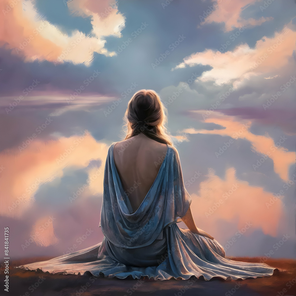 woman sitting and looking at the sky, digital art style, illustration painting woman sitting and looking at the sky, digital art style, illustration painting