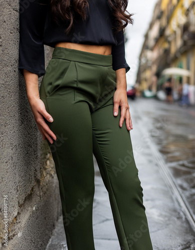 Closeup side view of girl thighs, elegant tailleur trousers, blurred street background © Giuseppe Cammino