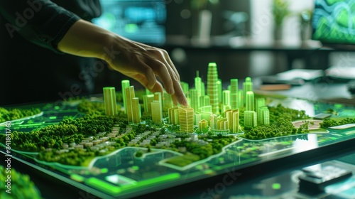 An urban planner interacts with a detailed city model, focusing on sustainable development and green spaces. AIG41 photo