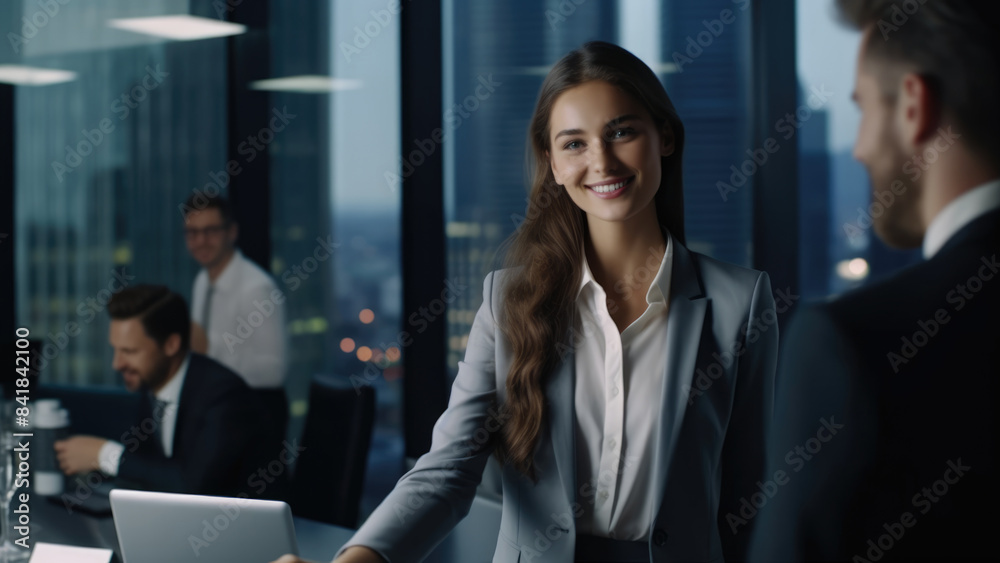 Business Professionals Discussing in Modern Office with City View
