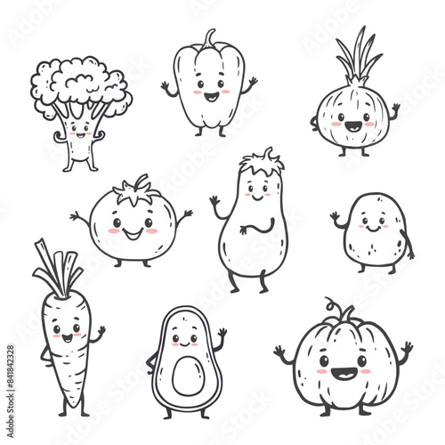 set of cartoon vegetables isolated on white. Funny vegetable. Doodle. Cute character. Vector illustration
