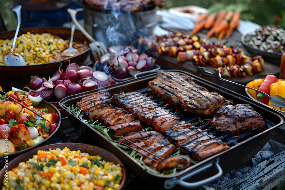 A lively 4th of July barbecue with friends and family, featuring grilling, picnicking, and patriotic decor.