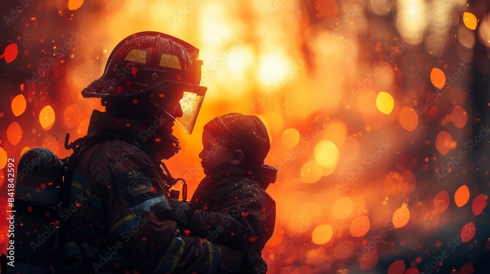 Courageous Firefighter Rescuing Child in Double Exposure Silhouette of Heroism, Emergency Scene with Copy Space and Bright Hues Courageous Firefighter Rescuing Child in Double Exposure Silhouette of Heroism, Emergency Scene with Copy Space and Bright Hues