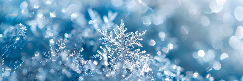 a snowflake is shown in the foreground with a blurry background of blue and white lights a snowflake is shown in the foreground with a blurry background of blue and white lights