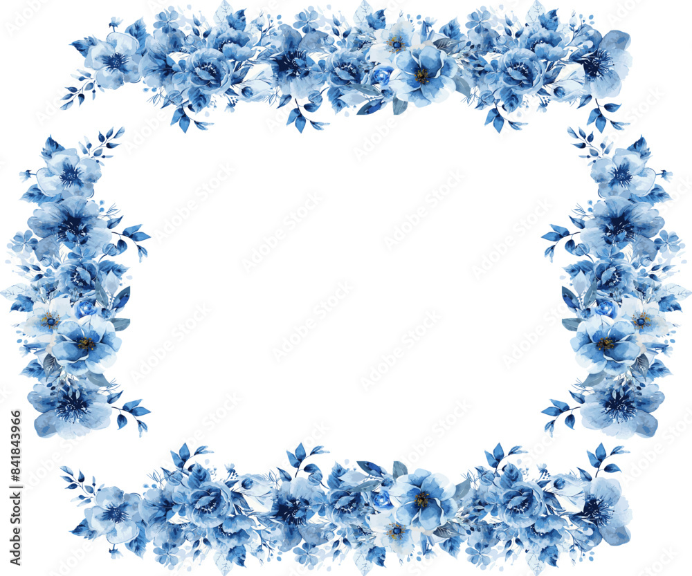 Blue flower frame background with watercolor