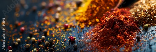 close up of a pile of colored spices powder on a table photo