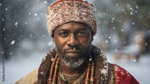 Portrait of Man in Winter Clothing with Snowflakes on Face
