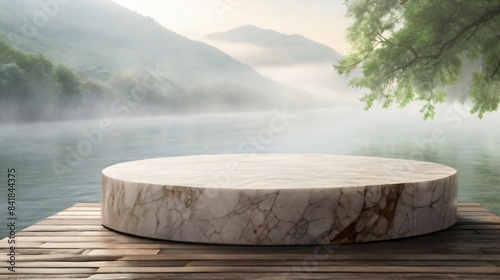 podium for presentation product of marble rock on lake background with fog and shine, best mockup for presentation man product, masculine, lexury and gentle