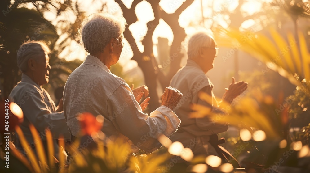 Fototapeta premium Serene Retirees Engaged in Tai Chi - Peaceful Garden Exercise for Seniors
