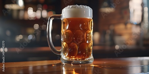 glass of beer sitting on a table in a bar with a blurry background of lights