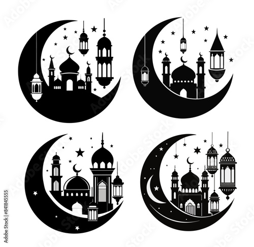 Ramadan Kareem set. mosque and crescent moon.