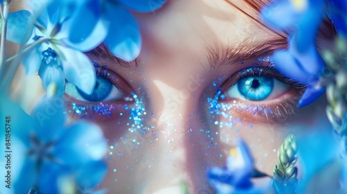 Ethereal Floral Portrait of a Mystically Glowing Woman with Blue Eyes and Shimmering Petals photo