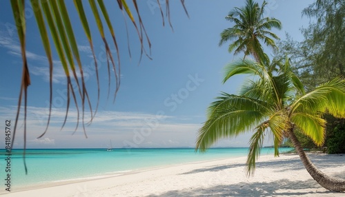 sunny white sand beach with coconut palm and turquoise sea summer vacation and tropical beach concept