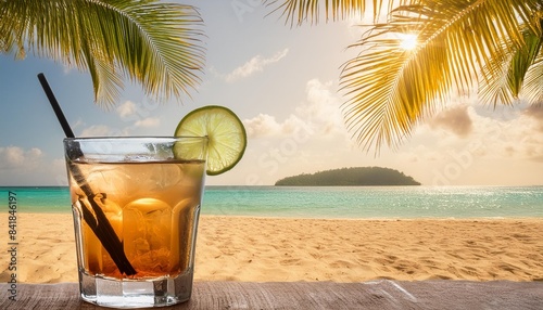 cocktail on a tropical beach with palm trees and sea