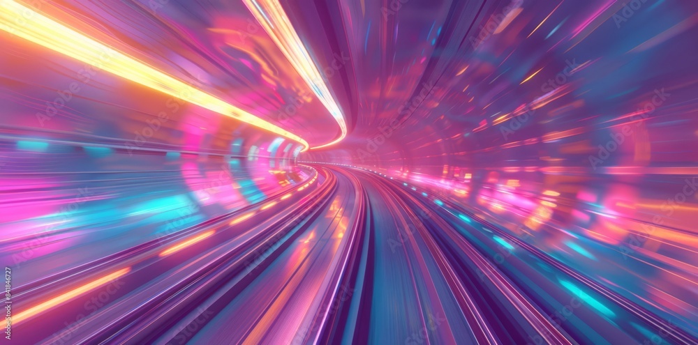 The image showcases a neonlit futuristic tunnel with colorful speed trails, conveying highspeed motion and vibrant aesthetics. It gives a dynamic feel of technology and innovation The image showcases a neonlit futuristic tunnel with colorful speed trails, conveying highspeed motion and vibrant aesthetics. It gives a dynamic feel of technology and innovation