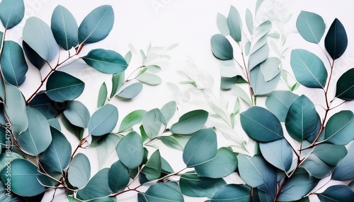 illustration of a natural watercolor background with green eucalyptus branches in the style of floral dark white and light aquamarine decorative borders wies aw wa kuski white background photo