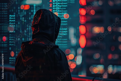 hooded man, hacker in front Of Screens With Digital Information, Cyber Security, Cyber Protection, Data Hacking