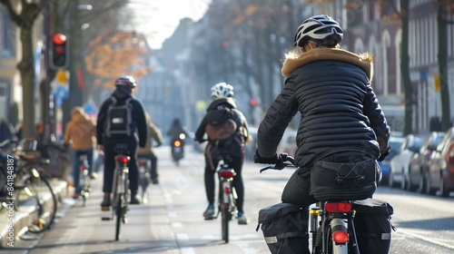 People riding bicycles in city street with red traffic light in background  green commuting urban transportation