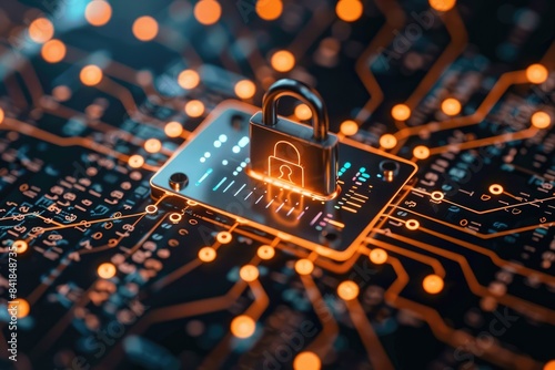 A lock among the digital background, a symbol of data protection, cybersecurity, cyber defense