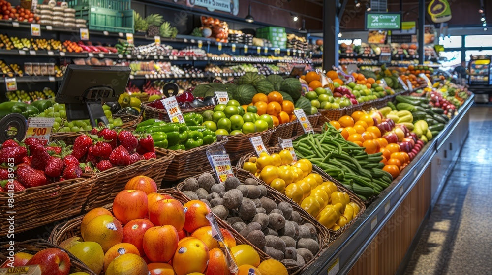 A bustling grocery store with a wide array of fresh fruits and vegetables on display in the produce section