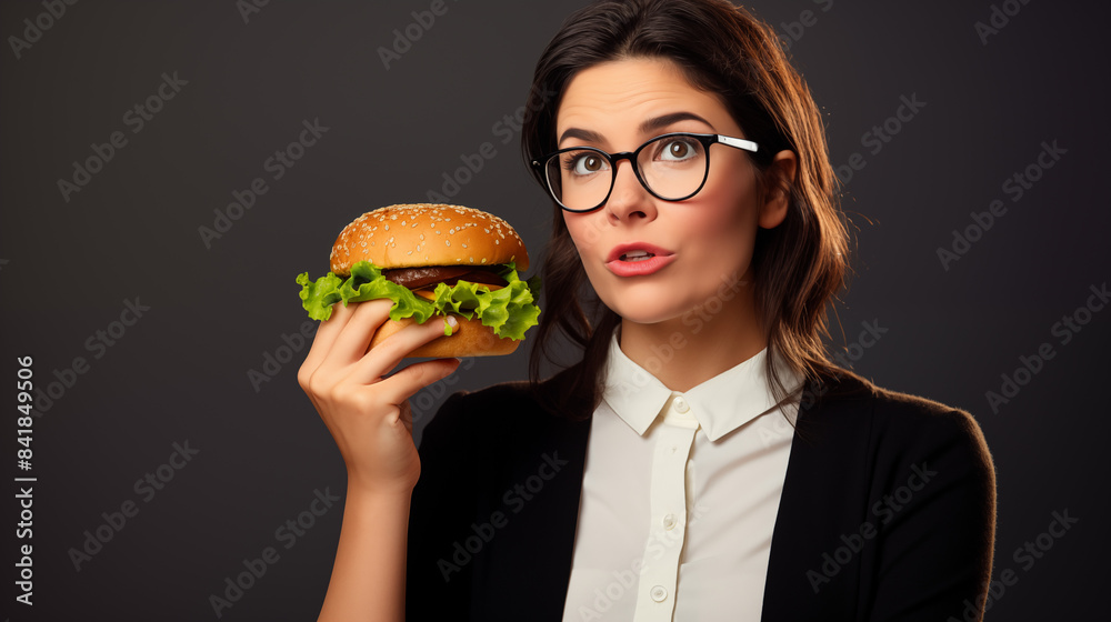 Thoughtful Young Woman Holding Juicy Burgers in Stylish Glasses - Fastfood passion. AI Generative. Thoughtful Young Woman Holding Juicy Burgers in Stylish Glasses - Fastfood passion. AI Generative.