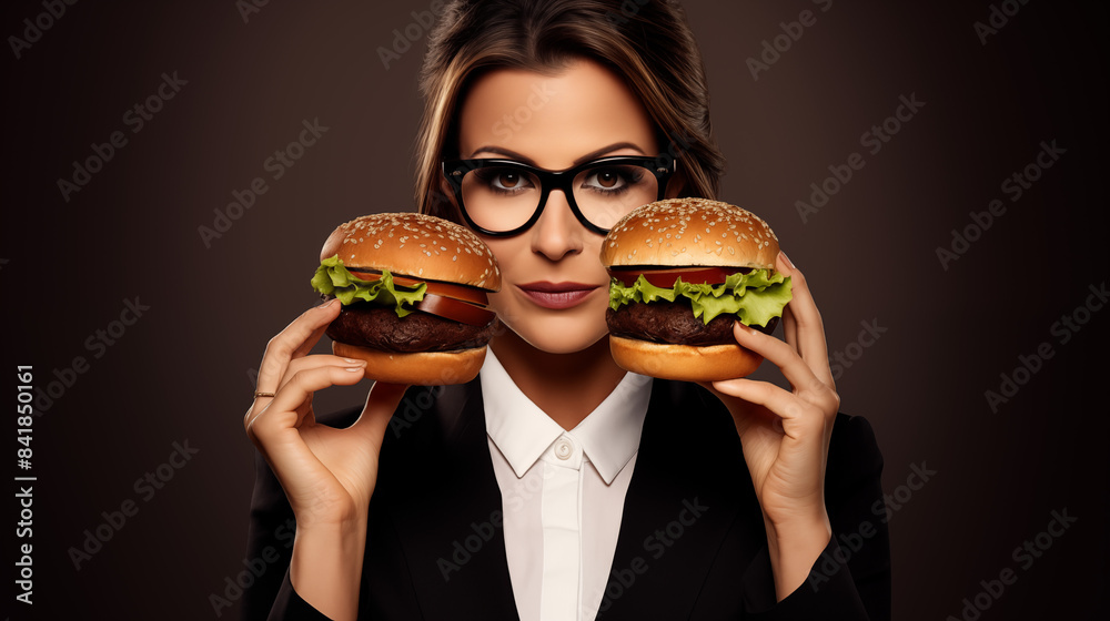 Thoughtful Young Woman Holding Juicy Burgers in Stylish Glasses - Fastfood passion. AI Generative. Thoughtful Young Woman Holding Juicy Burgers in Stylish Glasses - Fastfood passion. AI Generative.