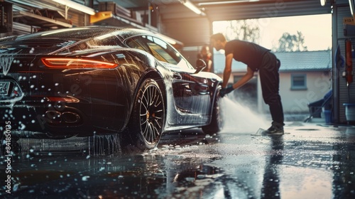 A man is washing a black sports car with a hose inside a garage, creating a spray of water photo