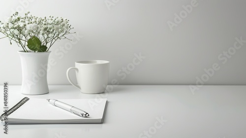A minimalist workspace with a notepad  pen  and a vase of white flowers on a clean desk