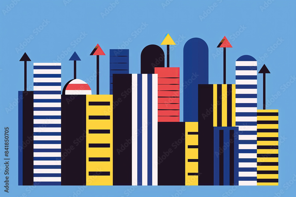 Obraz premium Colorful illustration of a cityscape with tall buildings and arrows pointing upwards, signifying growth and success.