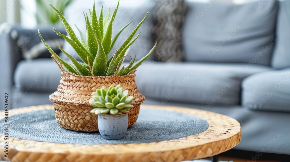 Succulent Plants in Woven Baskets on a Wooden Table in a Cozy Living Room, Generative AI Succulent Plants in Woven Baskets on a Wooden Table in a Cozy Living Room, Generative AI