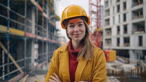 Confident female project manager at a construction site, holding a helmet and smiling at the camera, exemplifying leadership and professionalism in the construction industry. © Lakkhana