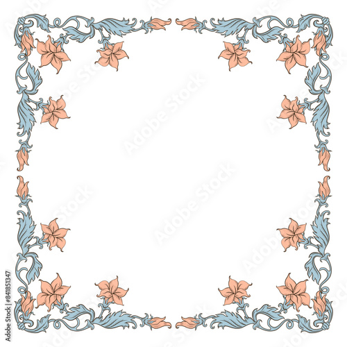 Vintage ornament frame in baroque victorian style with drawn fine lines detailed foliage and flowers.