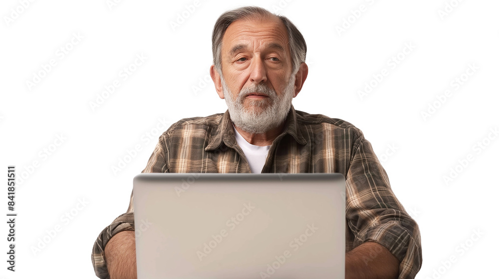 South American old man in his prime browsing on laptop, clear background. South American old man in his prime browsing on laptop, clear background.